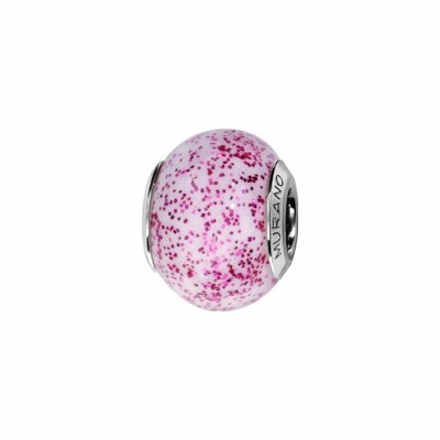 Charms coulissant argent rhodié murano véritable rose paillette rose