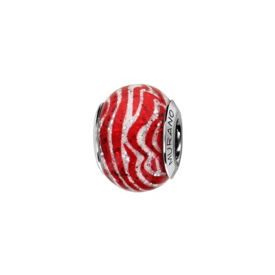 Charms coulissant argent rhodié murano véritable rouge rayures