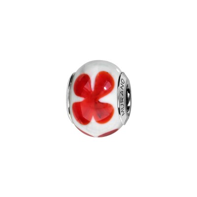 Charms coulissant argent rhodié murano véritable blanc motif fleur rouge