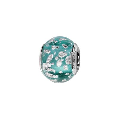 Charms coulissant argent rhodié murano véritable vert avec eclat argenté