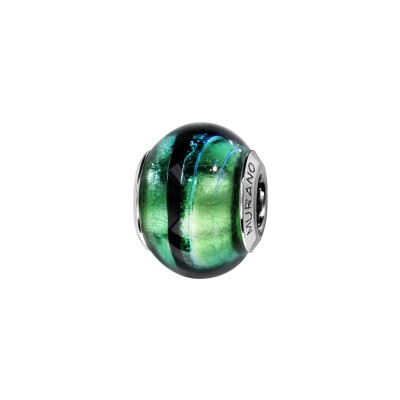 Charms coulissant argent rhodié murano véritable vert reflet bleu filet noir