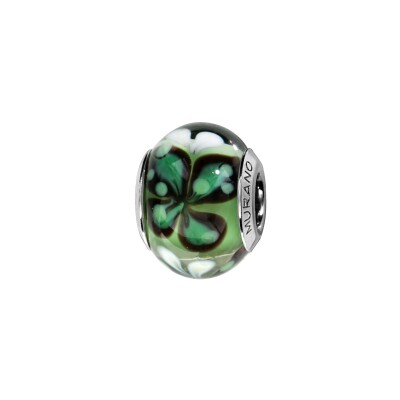 Charms coulissant argent rhodié murano véritable vert motif fleur