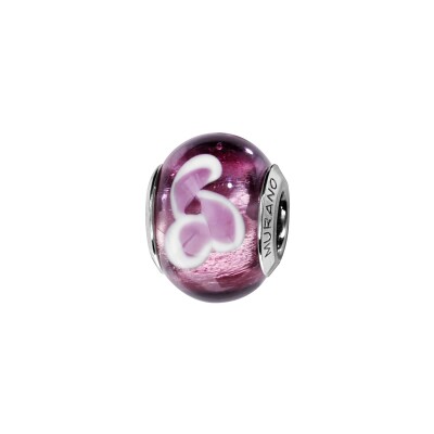 Charms coulissant argent rhodié murano véritable violet avec fleur