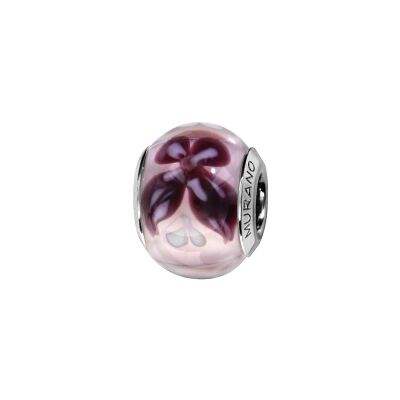 Charms coulissant argent rhodié murano véritable violet avec fleur