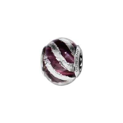 Charms coulissant argent rhodié murano véritable violet avec bande en biais argenté