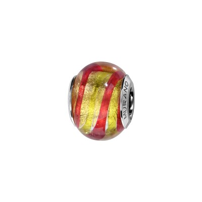 Charms coulissant argent rhodié murano véritable couleur chaude jaune et filet rouge