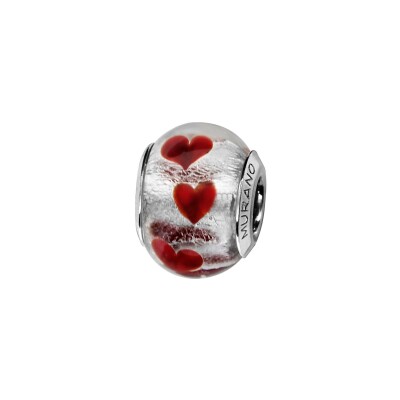 Charms coulissant argent rhodié murano pailleté coeur rouge