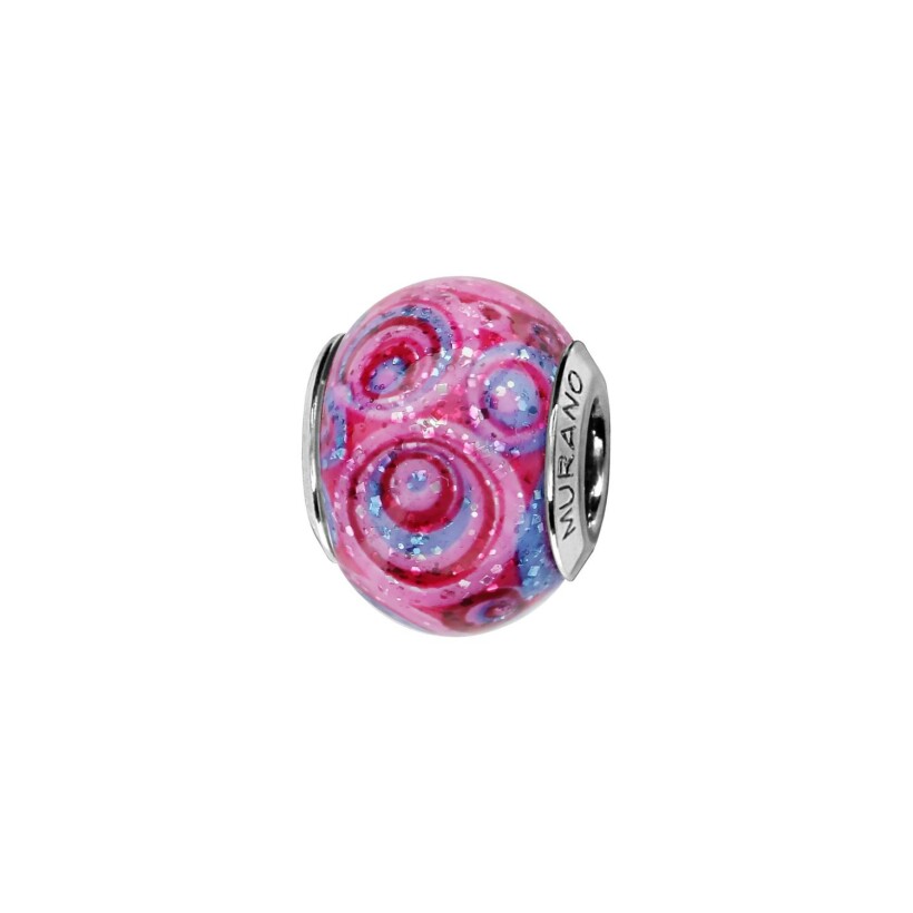 Charms coulissant argent rhodié murano rose spirale