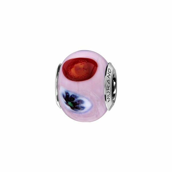 Charms coulissant argent rhodié murano rose clair motif