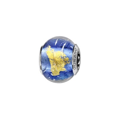 Charms coulissant argent rhodié murano bleu feuille dore