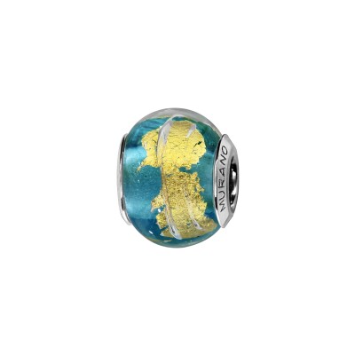 Charms coulissant argent rhodié murano bleu clair feuille dorée