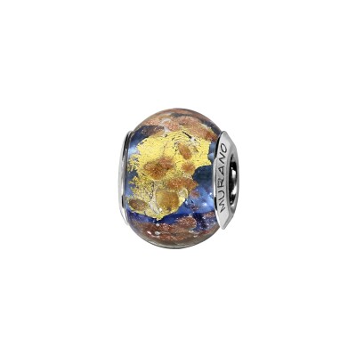 Charms coulissant argent rhodié murano bleu pailleté dore