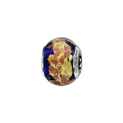 Charms coulissant argent rhodié murano bleu fonce pailleté dore