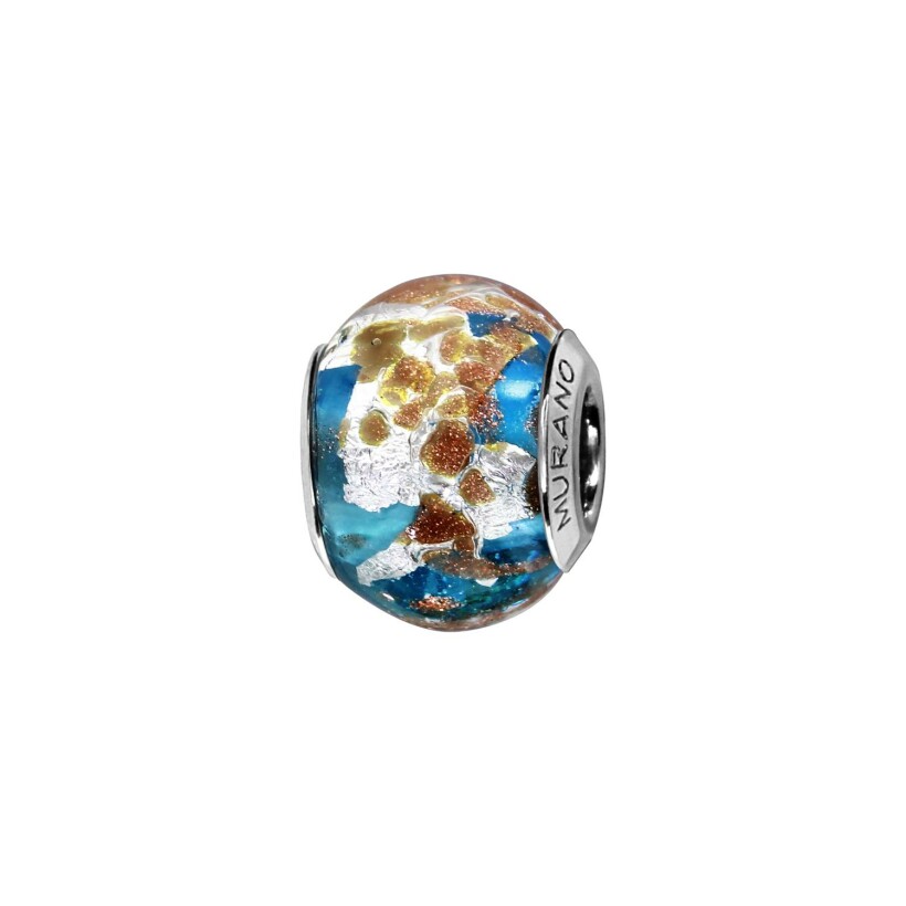 Charms coulissant argent rhodié murano bleu clair paillette