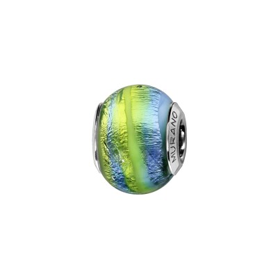 Charms coulissant argent rhodié murano bleu rainure jaune