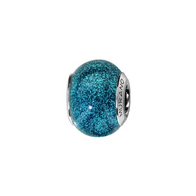 Charms coulissant argent rhodié murano bleu turquoise pailleté