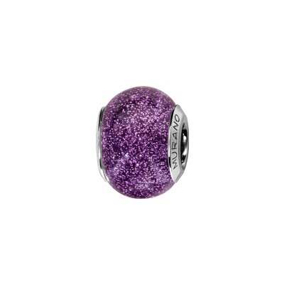 Charms coulissant argent rhodié murano violet pailleté