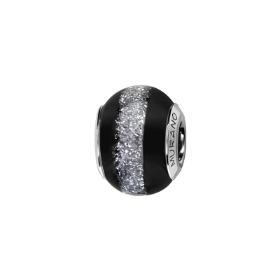 Charms coulissant argent rhodié murano noire bande pailleté grise