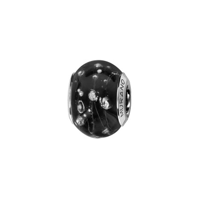 Charms coulissant argent rhodié murano noir avec bulles