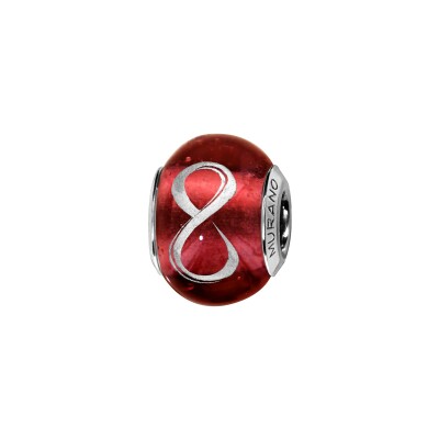 Charms coulissant argent rhodié murano rouge symbole infini