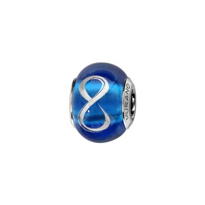 Charms coulissant argent rhodié murano bleu symbole infini