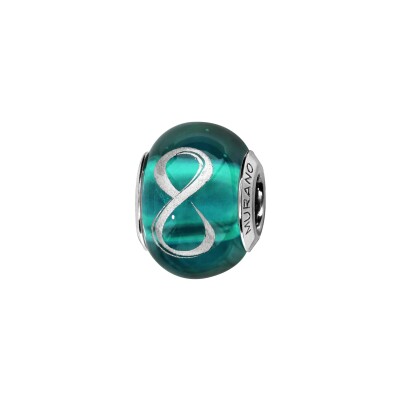 Charms coulissant argent rhodié murano vert symbole infini