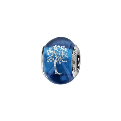 Charms coulissant argent rhodié murano bleu symbole arbre de vie