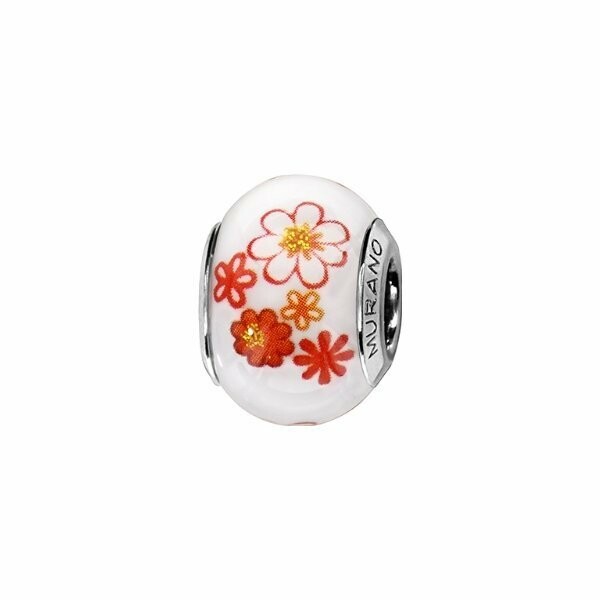 Charms coulissant argent rhodié murano blanc fleurs oranges