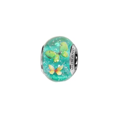 Charms coulissant argent rhodié murano vert pailleté avec papillons