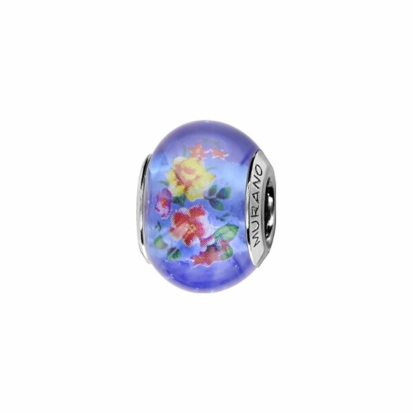 Charms coulissant argent rhodié murano bleu fleur