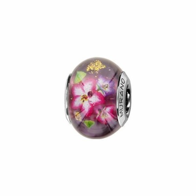 Charms coulissant argent rhodié murano violet fleurs