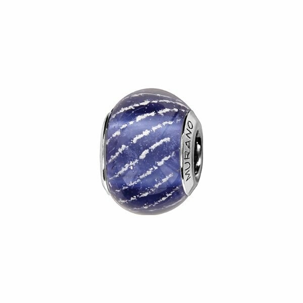 Charms coulissant argent rhodié murano bleu moyen strié