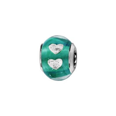 Charms coulissant argent rhodié murano vert transparent avec coeur