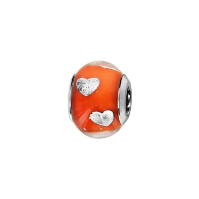 Charms coulissant argent rhodié murano orange avec coeur