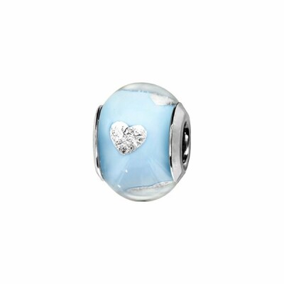 Charms coulissant argent rhodié murano bleu clair avec cœur