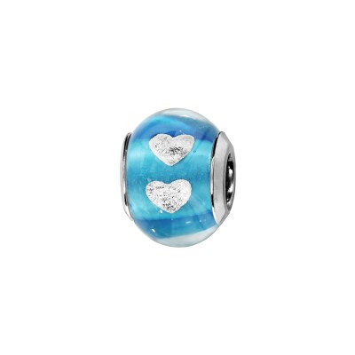 Charms coulissant argent rhodié murano bleu clair transparent avec coeur
