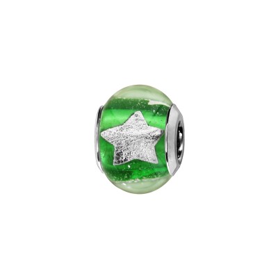 Charms coulissant argent rhodié murano vert transparent avec étoile