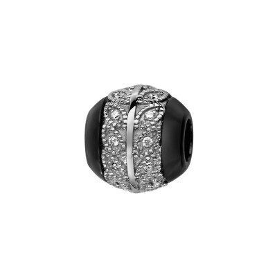 Charms boule céramique noire motif feuilles argent rhodié et oxydes blancs