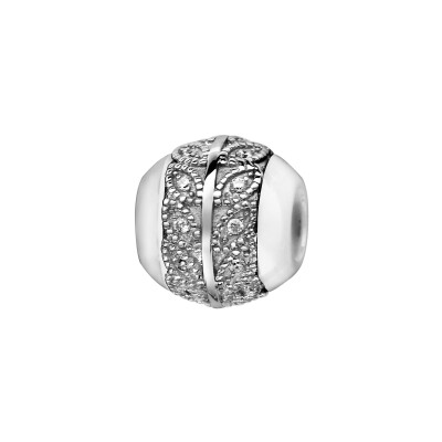 Charms boule céramique blanche motif feuilles argent rhodié et oxydes blancs
