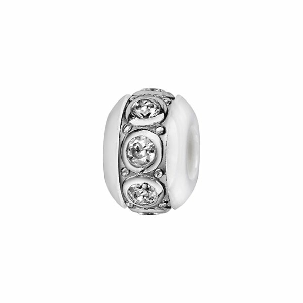 Charms boule céramique blanche bande argent rhodié et oxydes blancs sertis clos