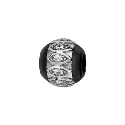 Charms boule céramique noire motif ovales argent rhodié et oxydes blancs
