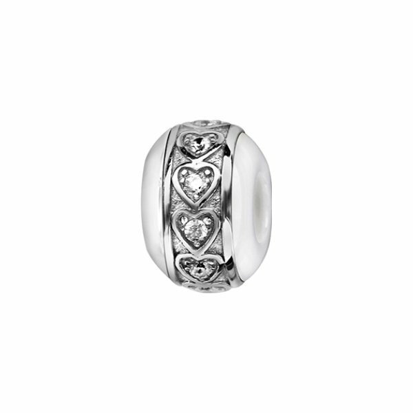 Charms boule céramique blanche cœurs argent rhodié et oxydes blancs sertis clos