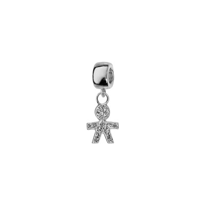 Charms coulissant argent rhodié suspendu petit garçon avec pierres synthétique blanches