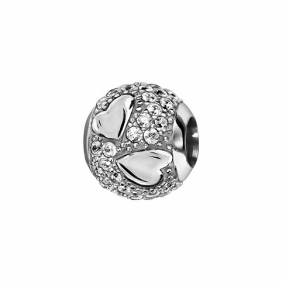 Charms coulissant argent rhodié boule oxydes blancs et cœurs lisses