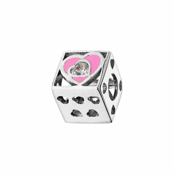 Charms coulissant argent rhodié cube avec cœurs résine rose et oxyde blanc