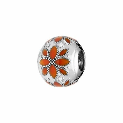 Charms coulissant argent rhodié motif fleur résine orange