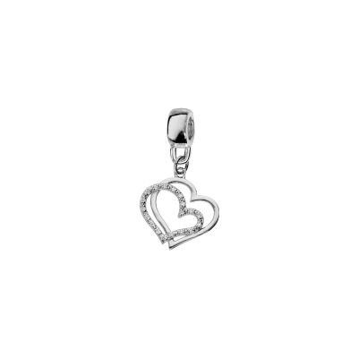 Charms coulissant argent platiné suspendu double coeurs oxydes blancs sertis