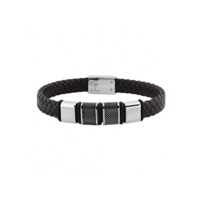 Bracelet Cargo rigide en acier et cuir marron