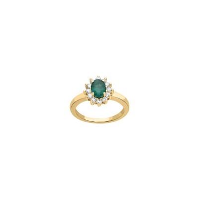 Bague en or jaune, émeraude et diamant