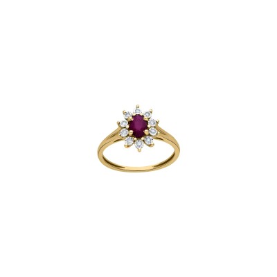 Bague en or jaune, rubis et diamant